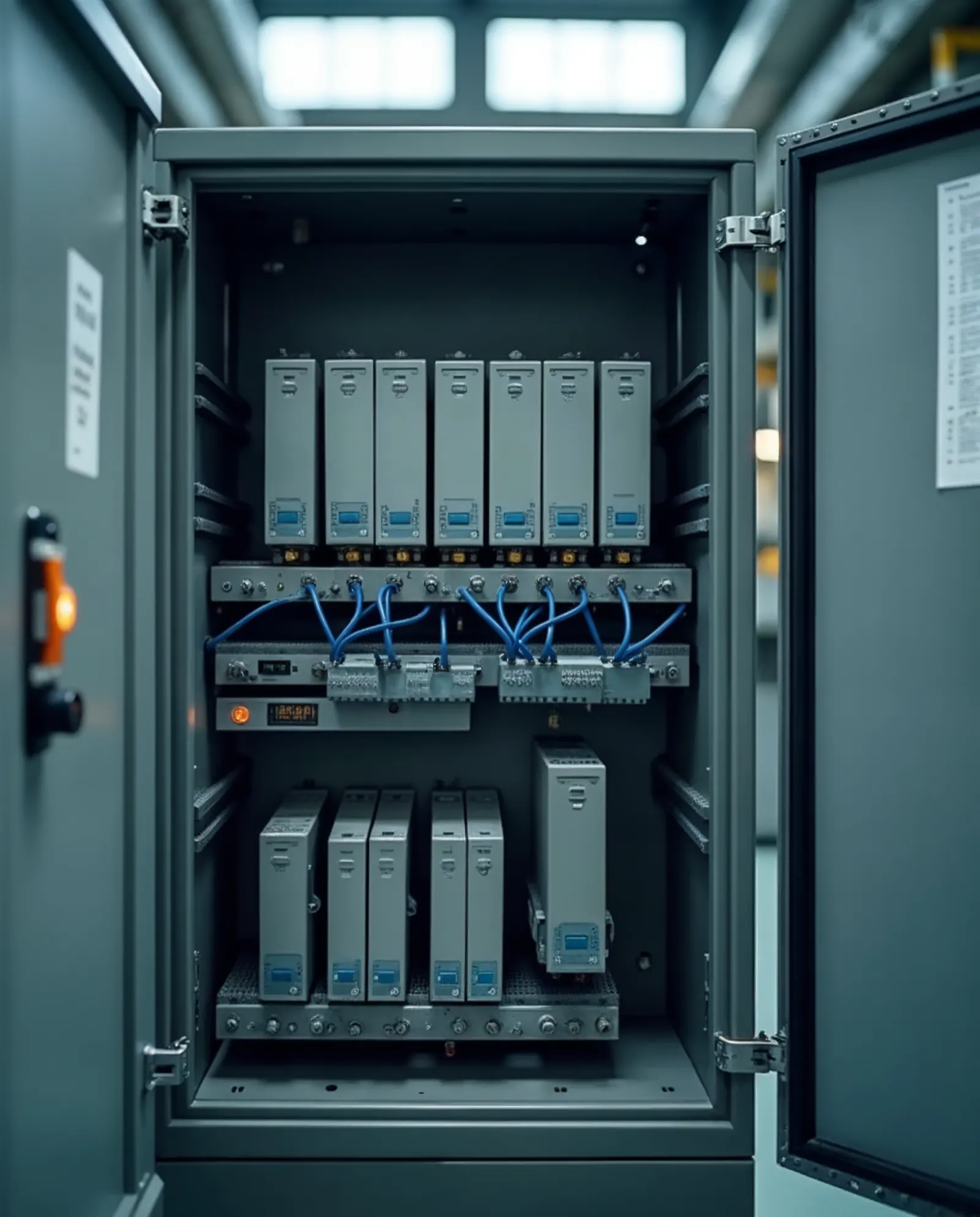 Geöffneter Schaltschrank mit SPS-Modulen und blauer Verdrahtung, an der Tür eine orange Signalleuchte