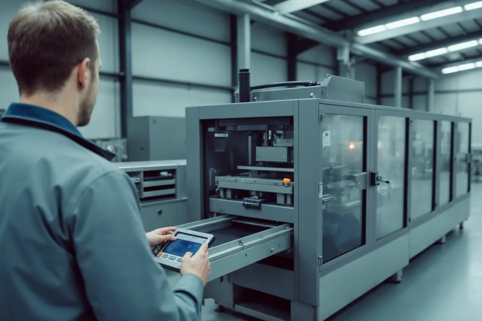Inbetriebnehmer von hinten an einer stillstehenden Verpackungsmaschine, ein Bediengerät in der Hand