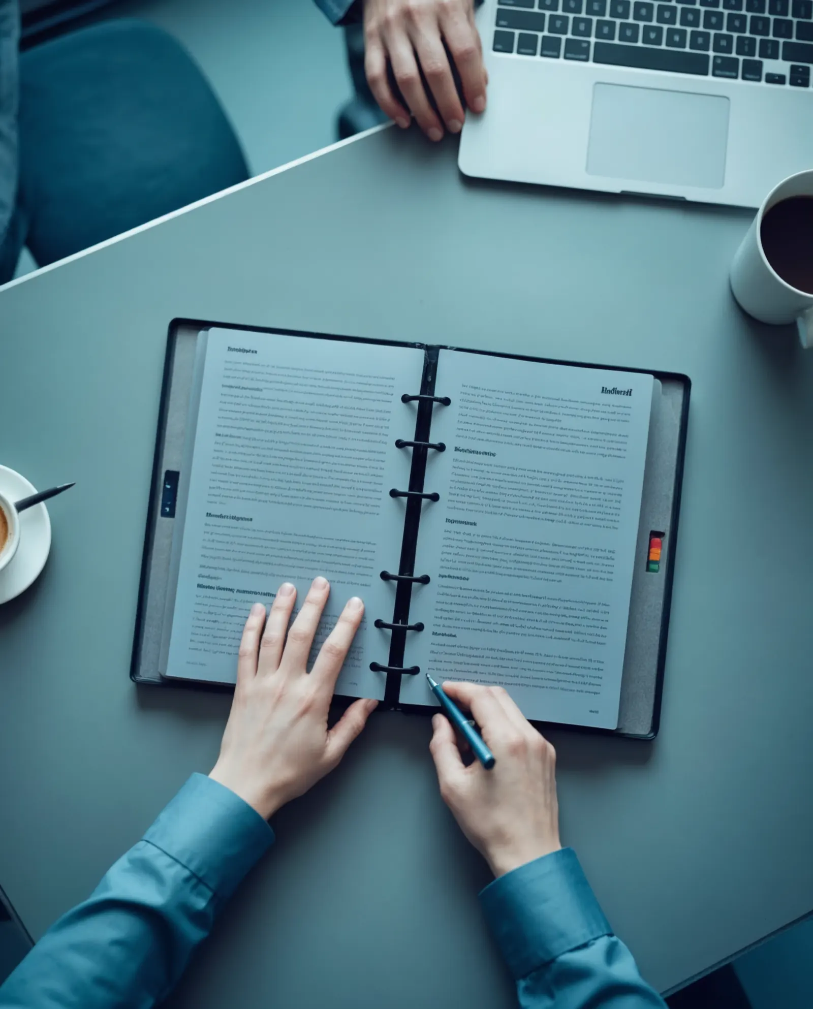 Draufsicht auf einen Besprechungstisch: Hände blättern in einem geöffneten Bericht, daneben Laptop und Kaffeetasse