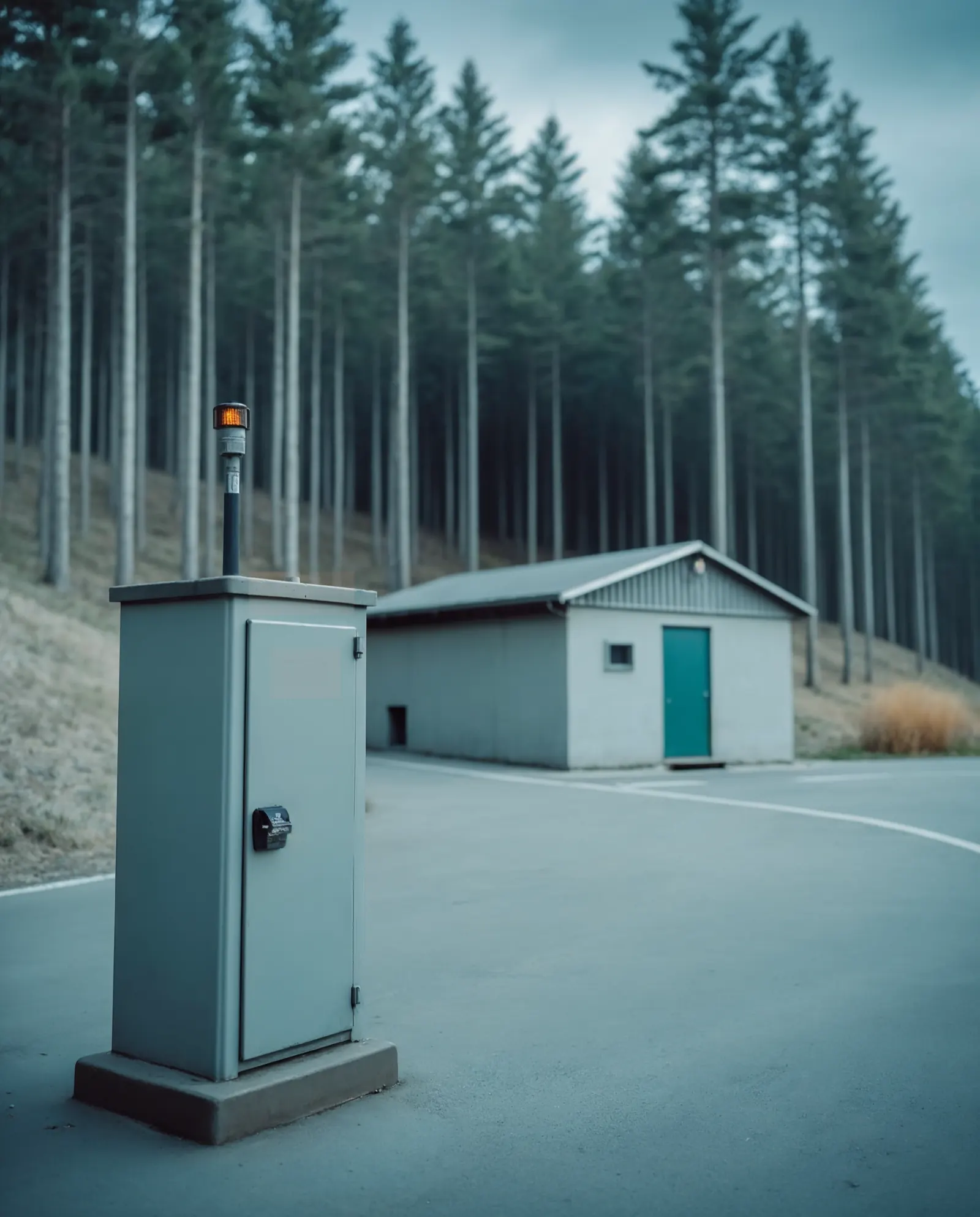 Station eines Wasserversorgers am Waldrand in der Abenddämmerung, im Vordergrund ein Außenschrank mit Antenne und Signalleuchte