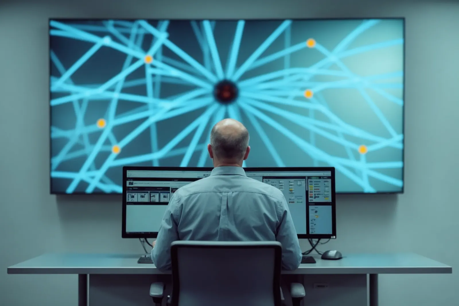 Leitwarte, eine Person von hinten vor zwei Monitoren und einer Großbildwand mit Netzschema