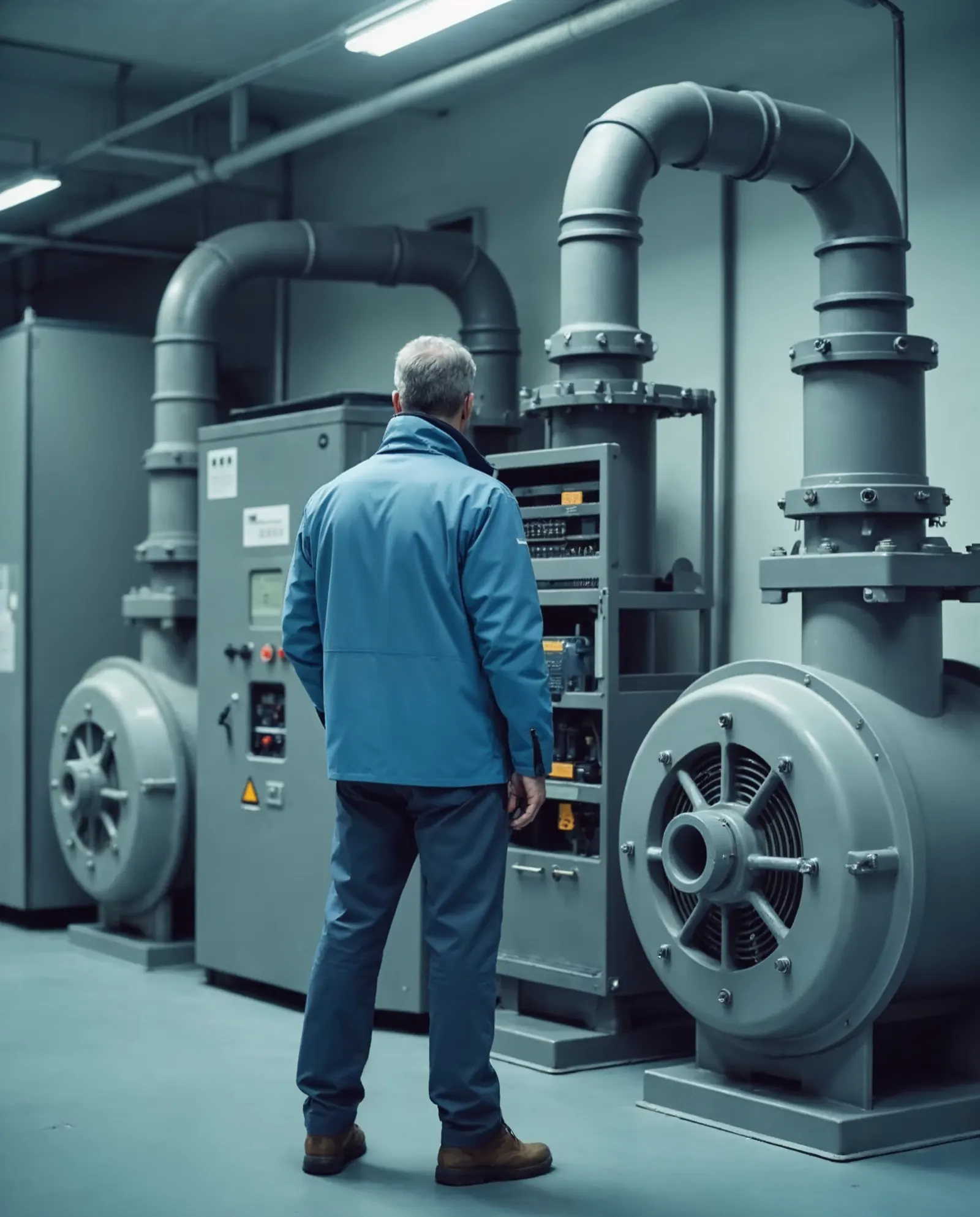 Servicetechniker von hinten in einem Pumpwerk, vor ihm Pumpen, Rohrleitungen und Schaltschränke