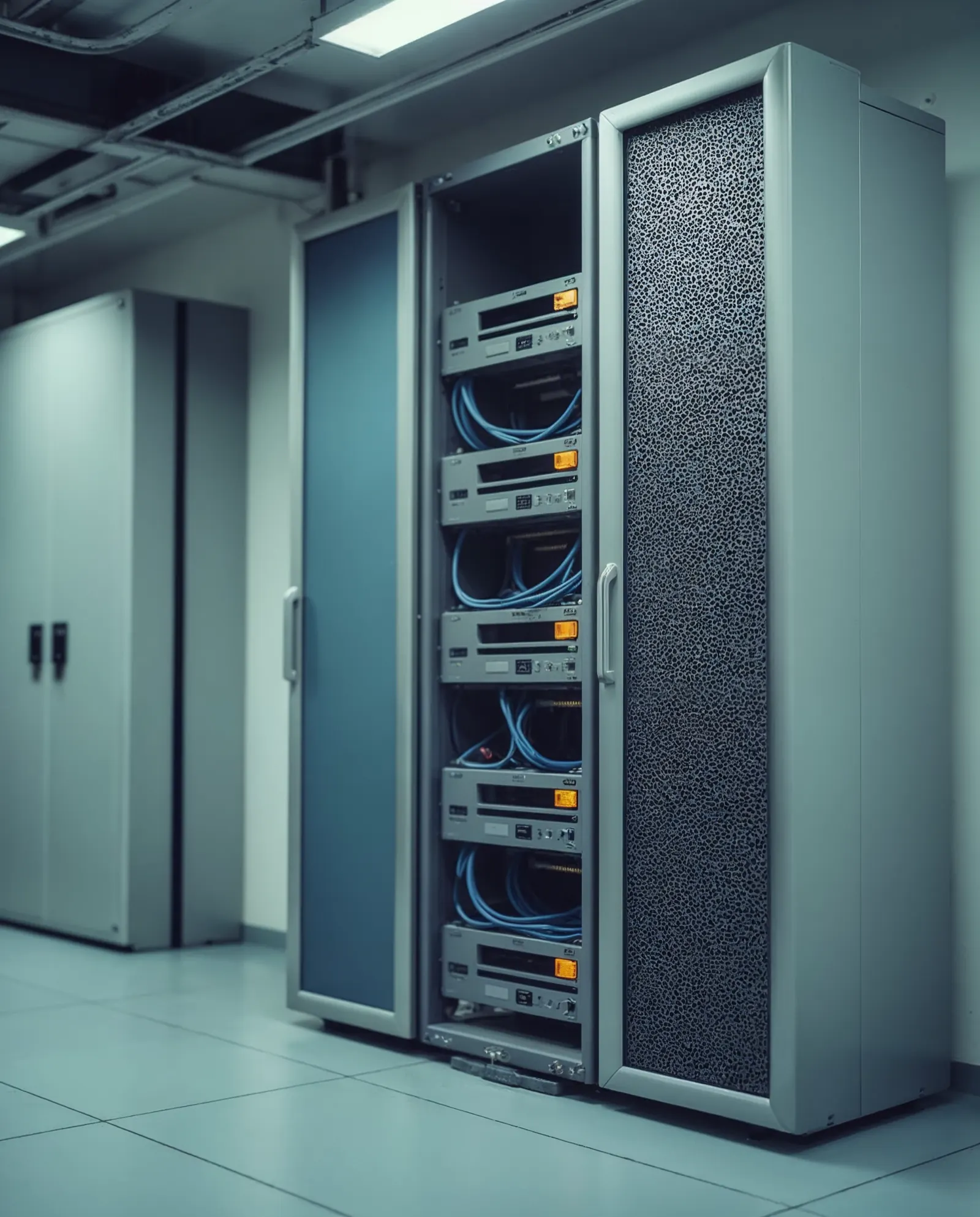 Einzelnes geöffnetes Serverrack mit verkabelten Servern in einem kleinen Raum